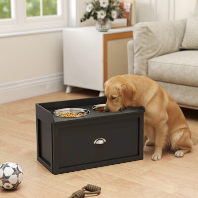 Elevated Dog Feeding Station with Storage and Two Bowls